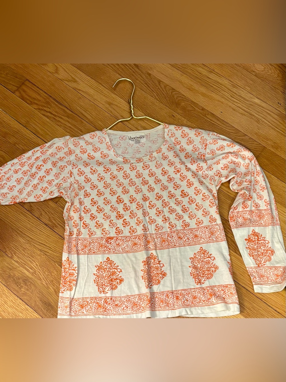 kharisma, Long Sleeve Cotton Orange and White Print top, size L